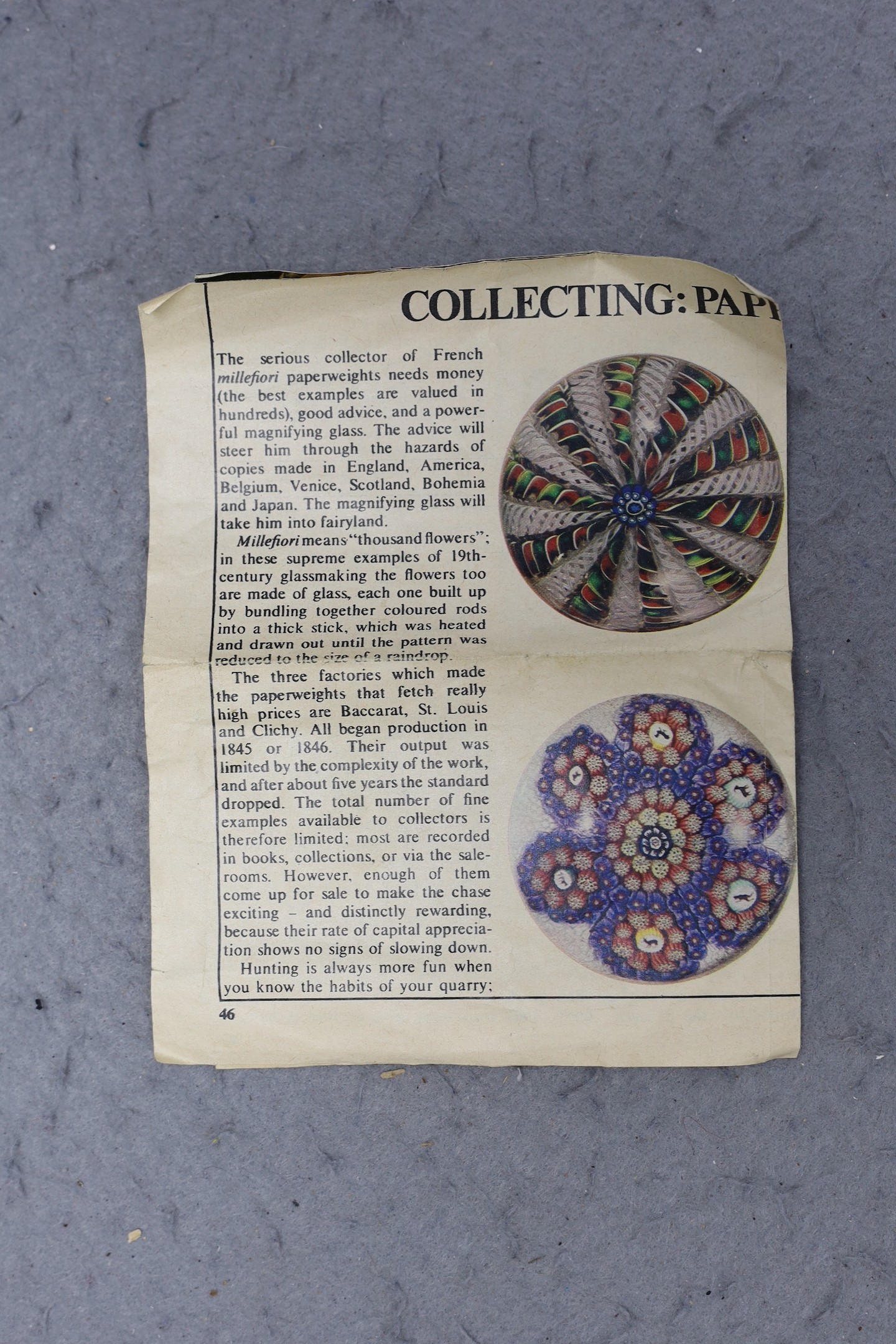 A Baccarat millefiori paperweight, with dog, huntsman and cockerel silhouette canes, 4cms wide